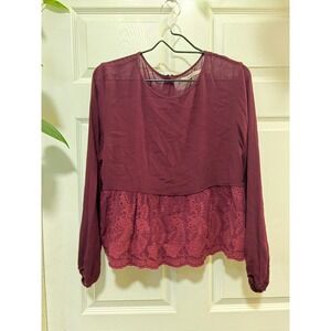Mon Ami Women Burgundy Eyelet Lace Peplum Blouse Long Sleeve Button Back Top M